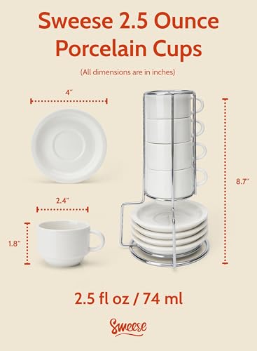 Image of Sweese 2.5 Ounce Porcelain Stackable Espresso Cups with Saucers and Metal Stand Set of 4, White