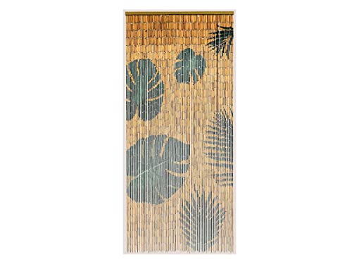 MOREL Rideau de Porte Bâtonnets de Bambou Peints, Dessin Feuilles Monstera et Palmier - 90 x 200 cm