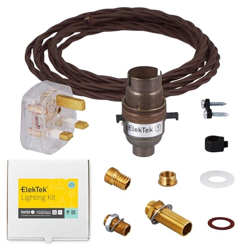 ElekTek Kit de fijación de renovación de lámpara B22 de alta calidad, portalámparas de bayoneta con interruptor de seguridad de latón antiguo, paquete de accesorios extensos, enchufe de 13 A (fusible