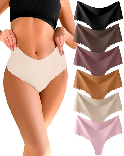 READY TO LOVE Seamless String Tanga Damen High Waist Nahtlose UnterwäSche Frauen Hohe Taille Unsichtbare Unterhosen Damen Gewellte Kante Slips Damen Mehrpack No Show Thong 6 Pack