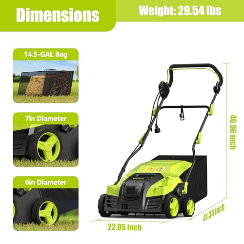 16-Inch Electric Dethatcher Scarifier, YERYORK 2-in-1 Lawn Scarifier with Powerful 15 AMP Motor 14.5Gal Collection Bag 5-Position Depth Foldable Handle for Lawns & Garden