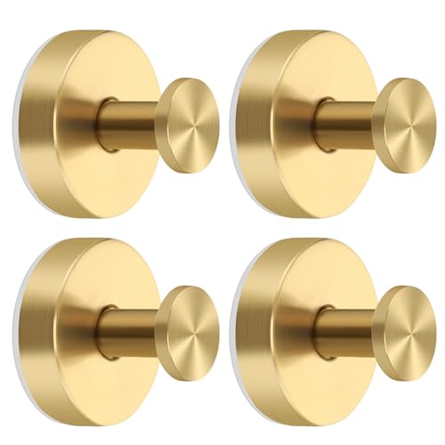 Gold Suction Cup Hooks for Shower Stainless Steel, Gold Suction Hooks for Shower Wall Hangs 15lbs, Bathroom, Kitchen, Glass Door, Mirror, Tile, Loofah, Towel, Coat, Bath Robe, Brushed Gold 4 Pack
