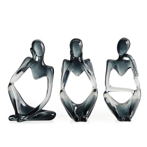 FJS Home Decor Thinker Statues Coffee Table Decor - 3Pcs Grey Transparent Art Sculptures Decorations for Living Room Modern Figurines Shelf Table TV Stand Decoration