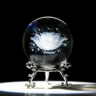 H&D HYALINE & DORA 60mm 3D Inner Carving Rose Flower Crystal Ball Ornament Paperweight with Sliver Stand Fengshui Home Decor