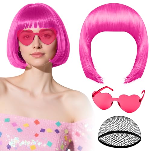 PLULON Rose Red Bob Wig with Heart Sunglasses and Hair Cap for Women Short Bob Wigs Synthetic Colored Funny Cosplay Hairpieces for Women Men Neon Bachelorette Halloween Costume Party Decorations