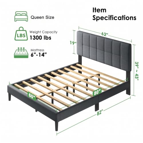 Image of Marsail Queen Size Bed Frame with Upholstered Adjustable Headboard, Fits 6-12 Inch Mattress, 1300 lbs Capacity, 12 Sturdy Solid Wood Support Legs, Easy Assembly, Dark Gray