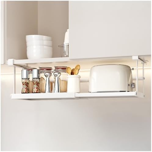 Expandable Under Shelf Storage, Adjustable Under Cabinet Hanging Shelf, Metal Under-shelf Storage Shallow Rack Basket for Kitchen Cabinet, Pantry, Closet, Bedroom, Bathroom (White)
