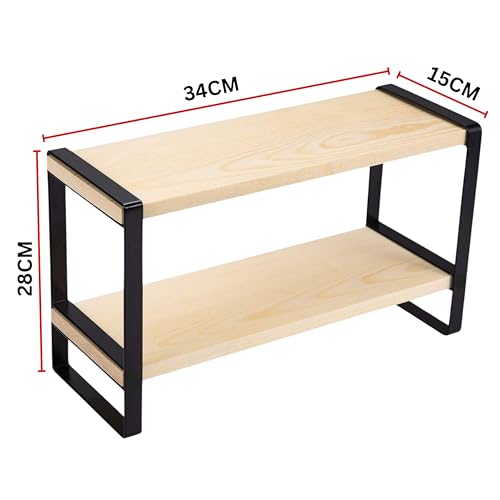 Image of Decorlay Metal & Wooden Spice Rack Organizer Space Saver Step Shelf Counter-Top Storage For Kitchen, Tabletop, Floor Standing Bathroom, Office, And Cosmetics (Black + Beech, Two - Tier)