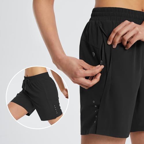 Baleaf Women'S 7 Inch Long Running Shorts No Liner Zipper Pockets Quick Dry Athletic Workout Shorts Black M thumb #2