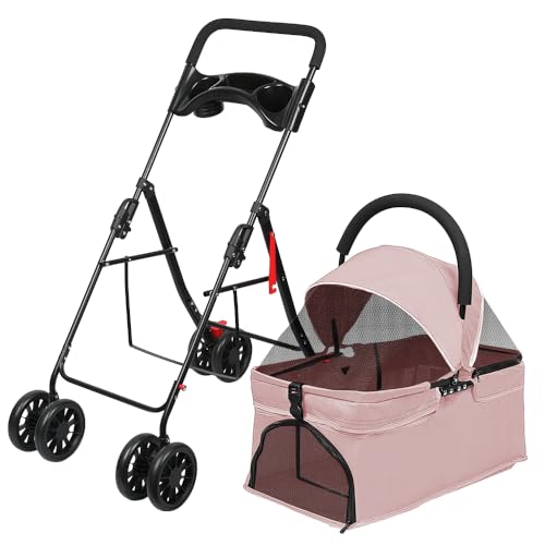 Passeggino pieghevole cane gatto cestino portaoggetti portabicchieri tessuto 300D Oxford impermeabile 4 ruote, animali da viaggio passeggino per cani, (G) 97 x 49 x 69 cm - rosa