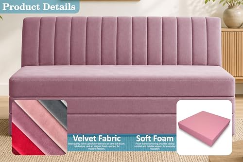 Image of 3-Seater Foldable Floor Sofa Bed with, Modern Velvet Fabric Folding Couch for Living Room, Guest Room & Small Spaces-Rose Pink