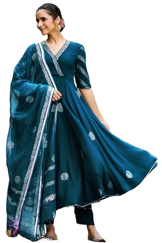 Image of GoSriKi Women's Cotton Blend Printed Anarkali Kurta with Pant & Dupatta | Ethnic Wear for Women | Indian Casual Office Daily Summer Outfit