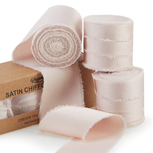 Light Beige Chiffon Ribbon For Gift Wrapping - Keypan Silk Satin Ribbons For Crafts 1 1/2" X 21 Yd Soft Handmade Fringe Frayed Edged Baby Shower Bridal Bouquets Light Invitation Decor #TOP6