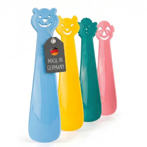 Lantelme Kinder Schuhanzieher Set 4 Teilig Kunststoff mit lächelnden Figuren in Grün Blau Gelb Rosa | Schuhlöffel klein aus Deutscher Herstellung | Plastik Schuhanziehhilfe für Zuhause und Reise