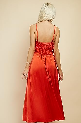 Robe de cocktail orange satin midaxi solution silhouette fluide mariage