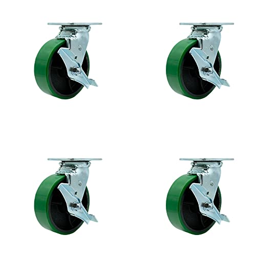 Polyurethane on Cast Iron Swivel Top Plate Casters Set of 4 Heavy Duty with 6 Inch Green Wheels - Includes 4 Swivel with Top Lock Brakes – 4,800 lbs. Total Capacity - Service Caster Brand