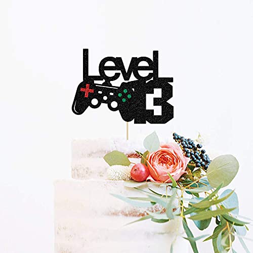 Image of FestikoBlack Glitter Level 13 Cake Topper - Level Up 13th Birthday Cake Topper - Happy 13th Birthday, 13 Year Old for Gamer Theme Party Decorations