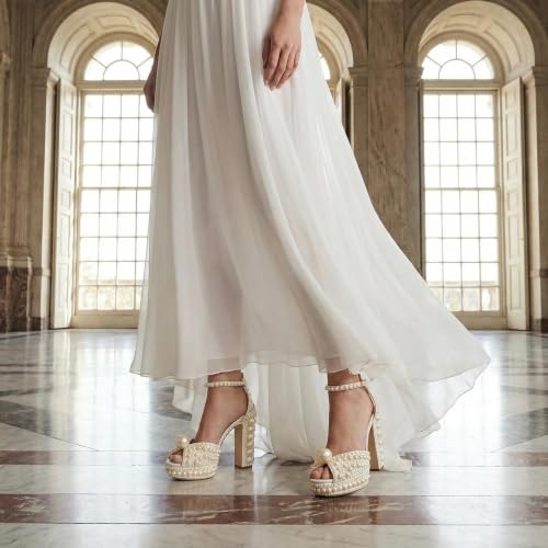 Image of Goolita Womens Open Toe Pearl Platform Heels For Women Chunky Buckle Ankle Strap Wedding Heeled Sandals Dress Evening Bride Bridal Shoes