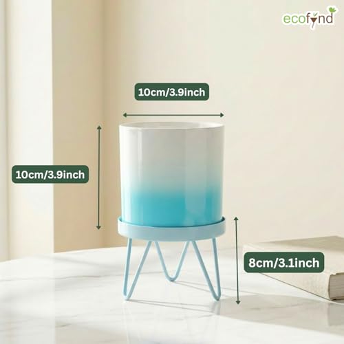 Image of ecofynd Lucas Metal Plant Pot with Sky Blue Stand, Modern Style Planter Set, Indoor Outdoor Home Decor Item for Garden Plants Flower, Balcony, Patio, Living Room, Garden, Bedroom (PWS032-WHTSBL)