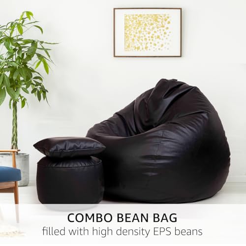 Image of Amazon Brand - Solimo 4XL Premium Faux Leather Bean Bag with Footstool & Cushion Combo for Living Room | Bean Bag Filled with Beans | Capacity Upto 6'5 inch Height & 125 Kg Weight | (Black)