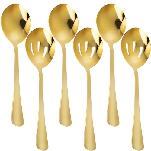 6-teilige Gold Servierlöffel Set 22cm, beinhaltet 3 Servierlöffel und 3 geschlitzte Löffel, Edelstahl Buffet Bankett Löffel, große Löffel Utensilien Besteck Set