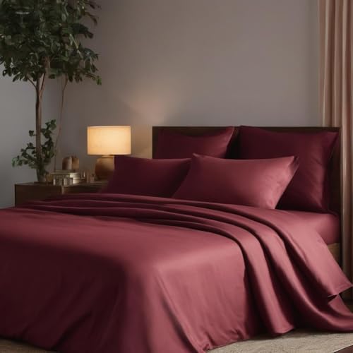 Image of Egyptian Cotton Feel King Size Flat Bedsheet with 2 Pillow Covers | 800 TC Soft & Breathable | Burgundy Solid Pattern for Bedrooms and Hotels Use (Size: 102 x 108 Inch)