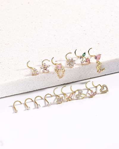 Nose Rings Corkscrew for Women Nose Piercings 20G Surgical Stainless Steel Gold Plated Nose Studs Pink Red CZ Heart Butterfly Flower Cherry Bow Moon Dangle Nose Piercing Jewelry2