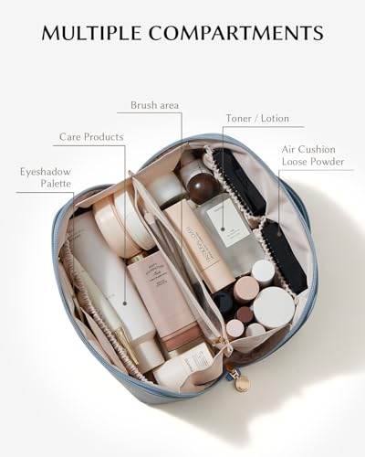 Image of EACHY Travel Makeup Bag, Large Capacity Cosmetic Bag for Women, Waterproof PU Leather, Flat Open Portable Toiletry Bag for Skincare, Brushes & Travel Essentials
