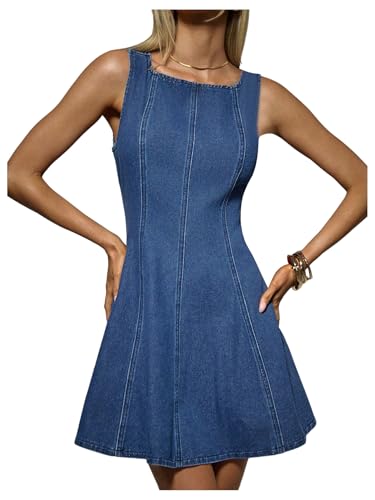 Floerns Women's Summer Denim Dress Sleeveless Square Neck Flare Cute A Line Dresses