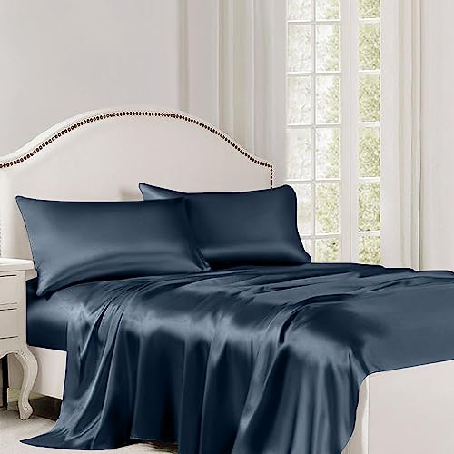 Image of Linenweves Bamboo Sheet Set 4 PC 100% Organic, Natural, Softest, 400 Thread Count Cooling Like Silk (Queen, Navy Blue)