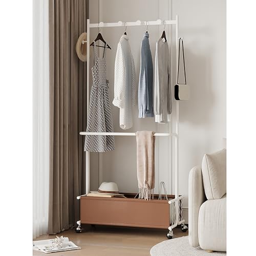 Perchero independiente con ruedas para colgar abrigos con cesta de almacenamiento, para dormitorio, pasillo, entrada, color blanco (80 x 40 x 175 cm)