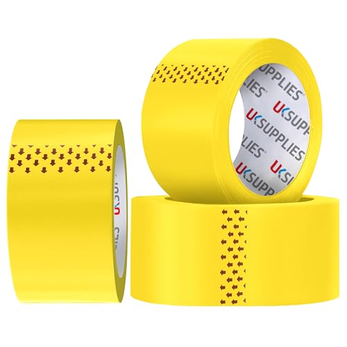 UK SUPPLIES LIMITED 3 Roll LOW NOISE Premium Yellow Packaging Tape (All Packs & Colors) 48MM X 66M Extra Strong Secure Sticky Adhesive Durable Parcel Sealing Tape for Packing Boxes & Moving Houses