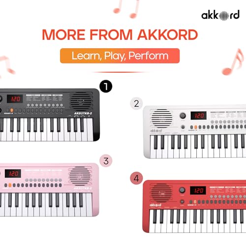 Image of Akkord 37 Keys Music Keyboard - Red Edition | 20 Rhythms, 10 Tones & 10 Demos, LED Display, Portable Beginner Piano Compatible | Kids, Beginner Keyboard with USB-C Cable (Without Adapter and MIDI)