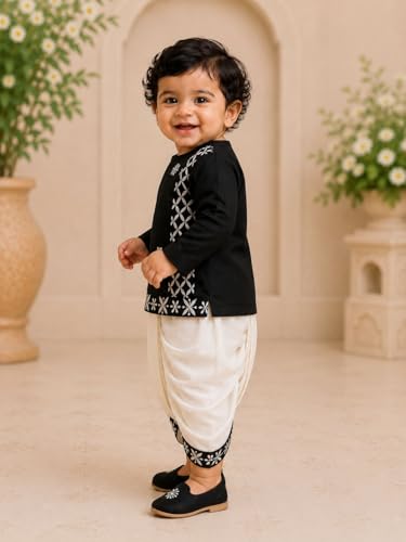 Image of Pspeaches Boys Silk Full Sleeves Round Neck Embroidered Kurta and Dhoti Pant 2 Piece Set|Ethnic Wear For Cute Baby Boys|Traditional & Festive Outfit