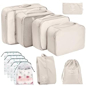 12Pcs Packing Travel Cubes for Suitcase Luggage Organizers with 5 Drawstring Bags,Suitcase Organiser Bag with Waterproof Shoe Storage Bag Compression Pouches Beige