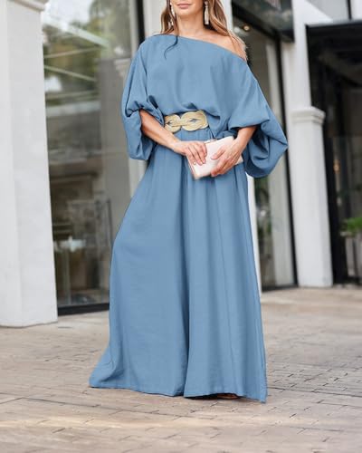 Image of CHICME Women Summer 2 Piece Outfits Off Shoulder Top Flowy Wide Leg Pants Set Vacation Travel Airport Outfits