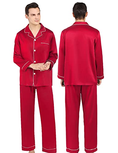 Swomog Couples Matching Pajamas Set Silk Satin Long Sleeve Loungewear 2 Pcs Sleepwear Elegant Button Down Pj Set Red #TOP2