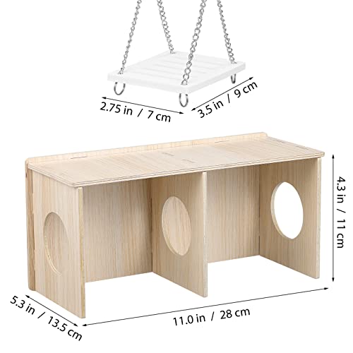 POPETPOP Hamster Hide 2 Pieces Hamster Wood House with Hanging Natural Wooden Swing Set Guinea Pig Toys Hiding House for Small Animals Habitat Decor - Image 2