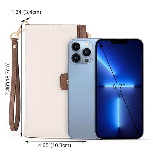 Image of UTO Wallet Women Vegan Leather Wristlet Snap Long Purse Credit Card Holder Elegant Clutch, 0459 Beige with Brown, Large, Compact