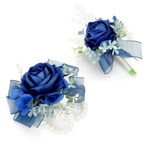 AWARDSEN Corsage Wristlet and Boutonniere Set Blue Wrist Corsage Double Pearl Bracelets Blue Pocket Boutonniere for Men Wedding Prom Party Suit Decor (2 Pack)