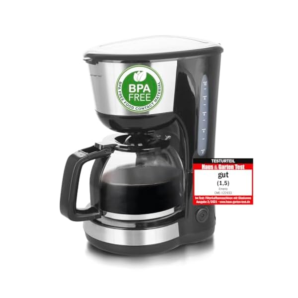 Emerio CME-122933, Filter Kaffeemaschine, 1.25l für bis zu 10 Tassen frischen Kaffee, herausnehmbarer Permanent-Filter, Anti-Tropf-Funktion, Kaffeekanne aus Glas, Auto-Off, 1000 Watt, schwarz/silber – Bild 8