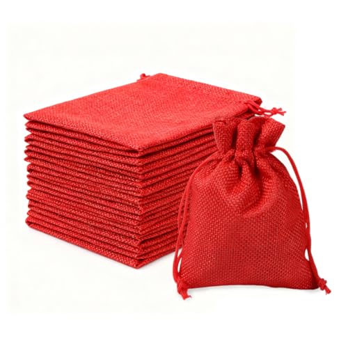 ZORVYN 30 Unidades Bolsas de Yute Reutilizables con Cordón para Joyería, Regalos y Almacenamiento, Bolsitas de Tela Pequeñas (7 x 9 cm) (Rojo)