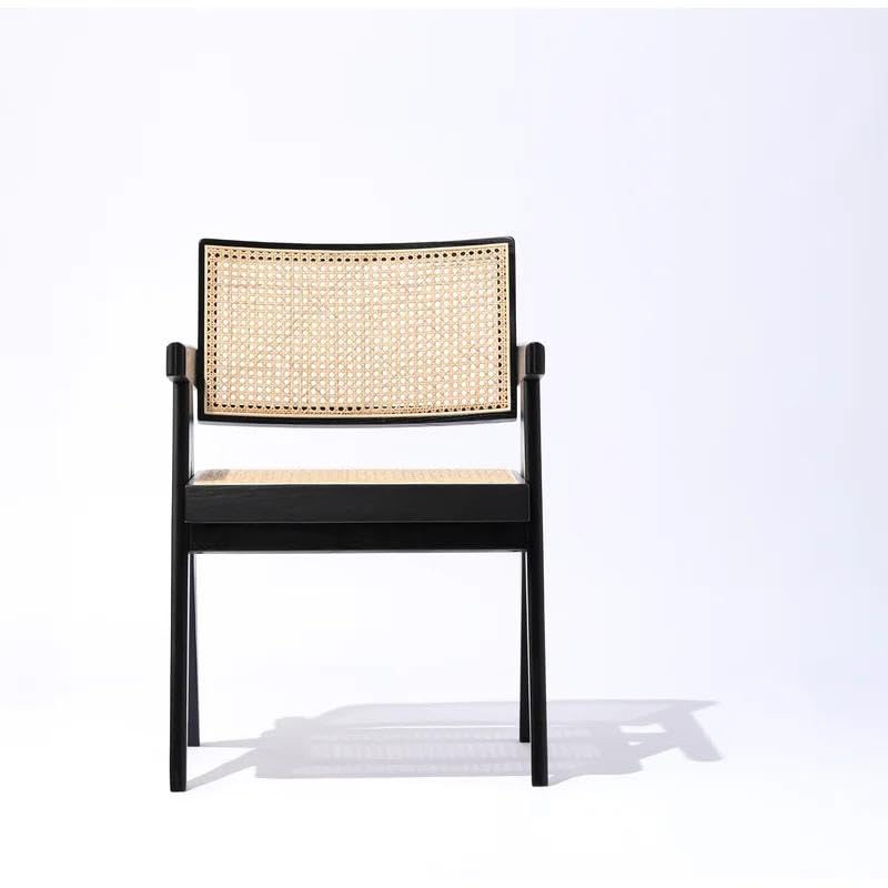 Image of Furniture Solid Sheesham Wooden Arm Chair with Cushion and Cane Back Support Chair Living Room Bedroom Home Wooden Armchair Furniture Garden Balcony Outdoor & Indoor (Black with Cane)