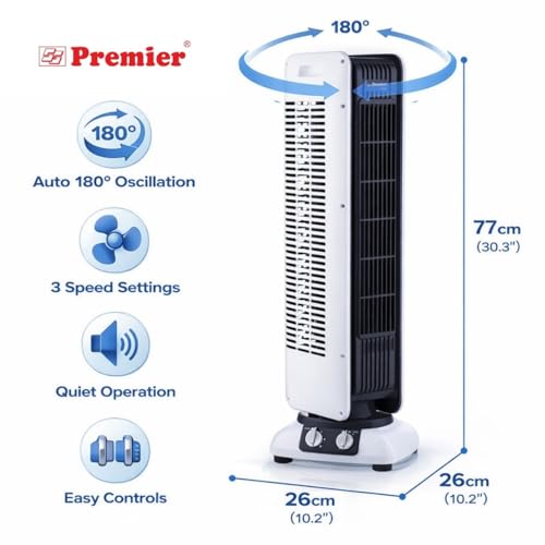 Image of PREMIER Tower Fan with Auto Swing | 25ft Air Throw | 180 Oscillation | 3-Speed Control | Low Power & Quiet Operation | Ideal for Home, Bedroom & Office | 1 Yr Warranty | White (TF4533)