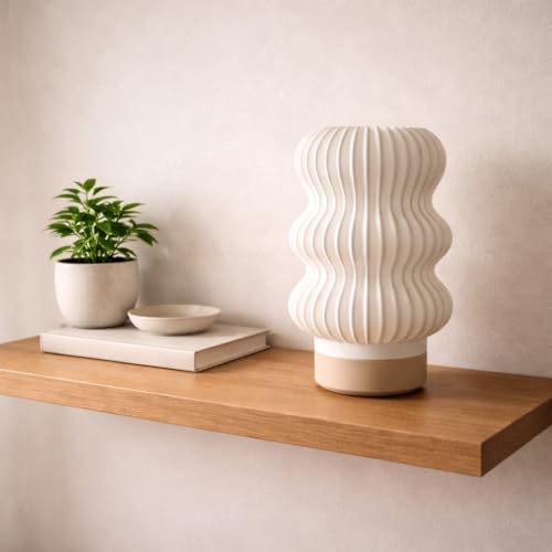 Image of Wavey Mini Table Lamp Modern Wavy Design Bedside Night Lamp, Warm White Glow, 5W Plug-in Decorative Lamp for Bedroom & Home Decor, Plastic, Beige