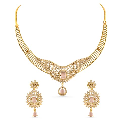 Image of Rubans 22K Gold-Plated Aqua Green /Pink Stone & Cubic Zirconia Studded Jewellery Set for Women - for Weddings & Special Occasions