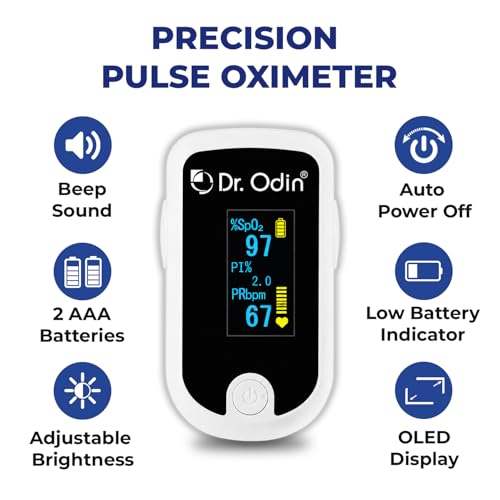 Image of Dr. Odin Pulse Oximeter Fingertip +PI FS20E, Oxygen & Pulse Rate Monitor, CE & ISO Certified, Audible & Visual Alarm, OLED Display (White & Black)