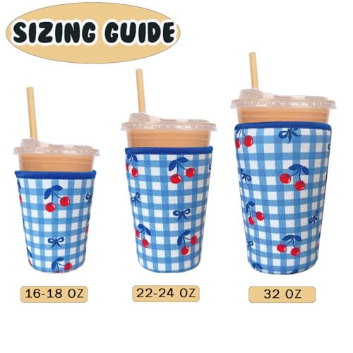 Image of Reusable Insulated Neoprene Iced Coffee Cup Sleeve, Durable Drink Sleeve for Cold Beverages, Beverage Holder for Iced Coffee, Cherry Bows