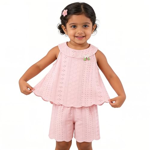 Image of SNOWIE SOFT 2Pcs Set Baby Girl Clothes with Sleeveless Top & Shorts for 110cm Age 2-3, Toddler Elastic Waistband Summer Short Set for Baby Girl, Stylish Sweet Casual Matching Outfit