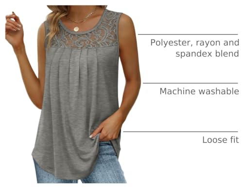 Image of Saloogoe Summer Tank Tops for Women Loose Fit Pleated Tunics Scoop Neck Sleeveless Lace Tops Curved Hem Flowy
